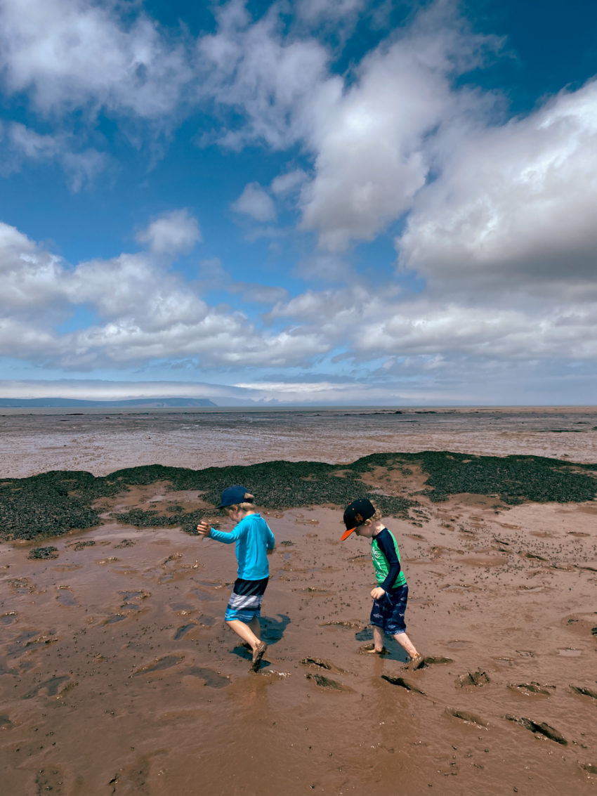 two young boys walk evangeline beach at low tide